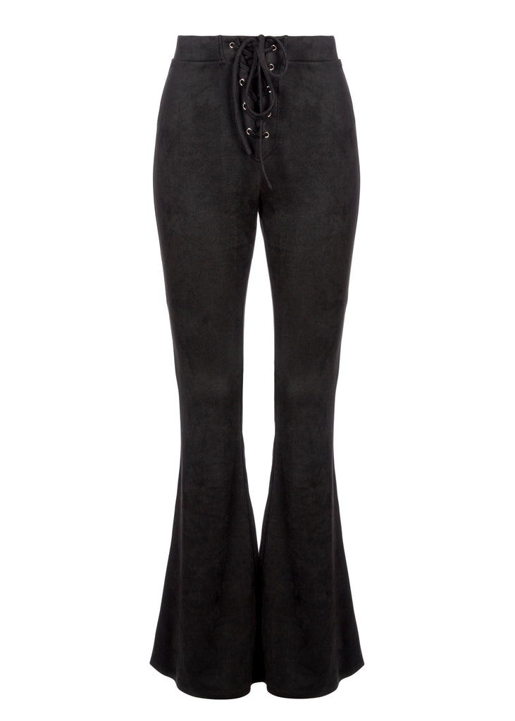 Black Faux Suede Lace Up Bell Bottom Flare Pants