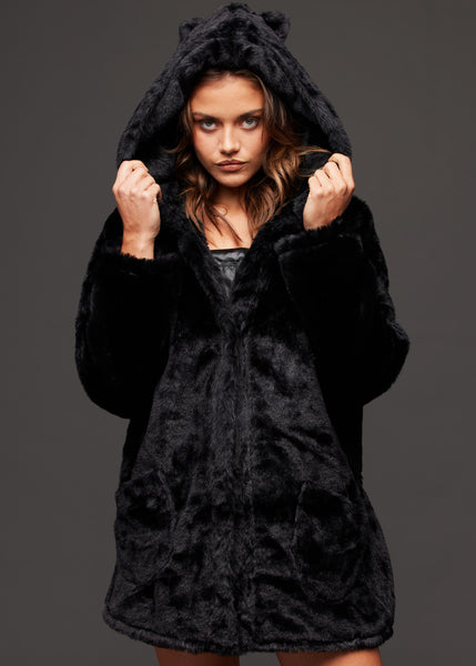 Black Faux Fur Coat with Cat Ears