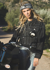 cropped black denim jacket with studs