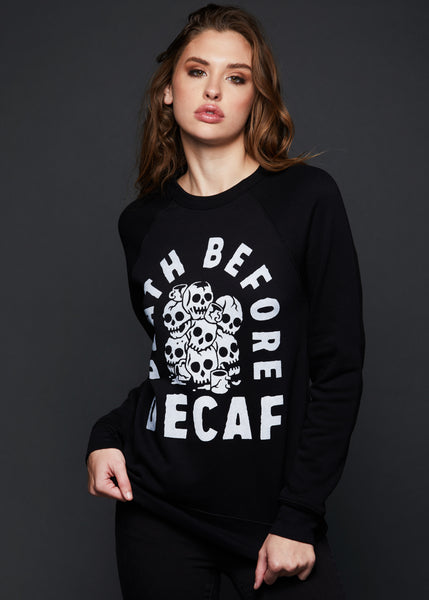 Death Before Decaf Skull Sweatshirt in black – graphic coffee sweatshirt by Pyknic