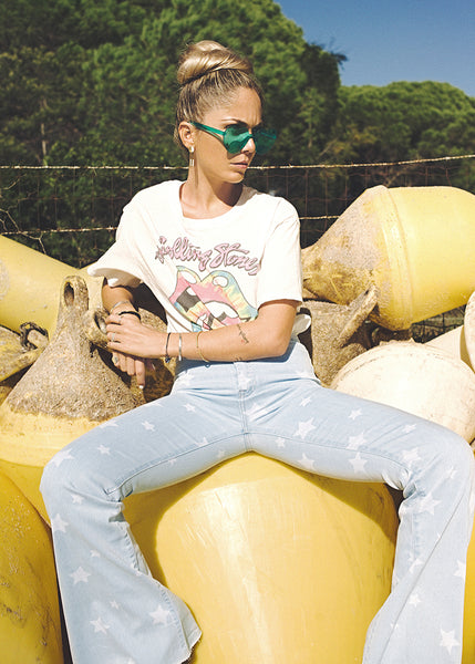 denim star print bell bottoms