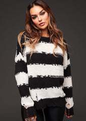 Hold the Line Distressed Sweater with Black and White Stripes