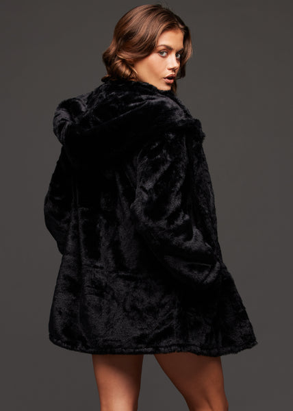 Black Faux Fur Coat with Cat Ears