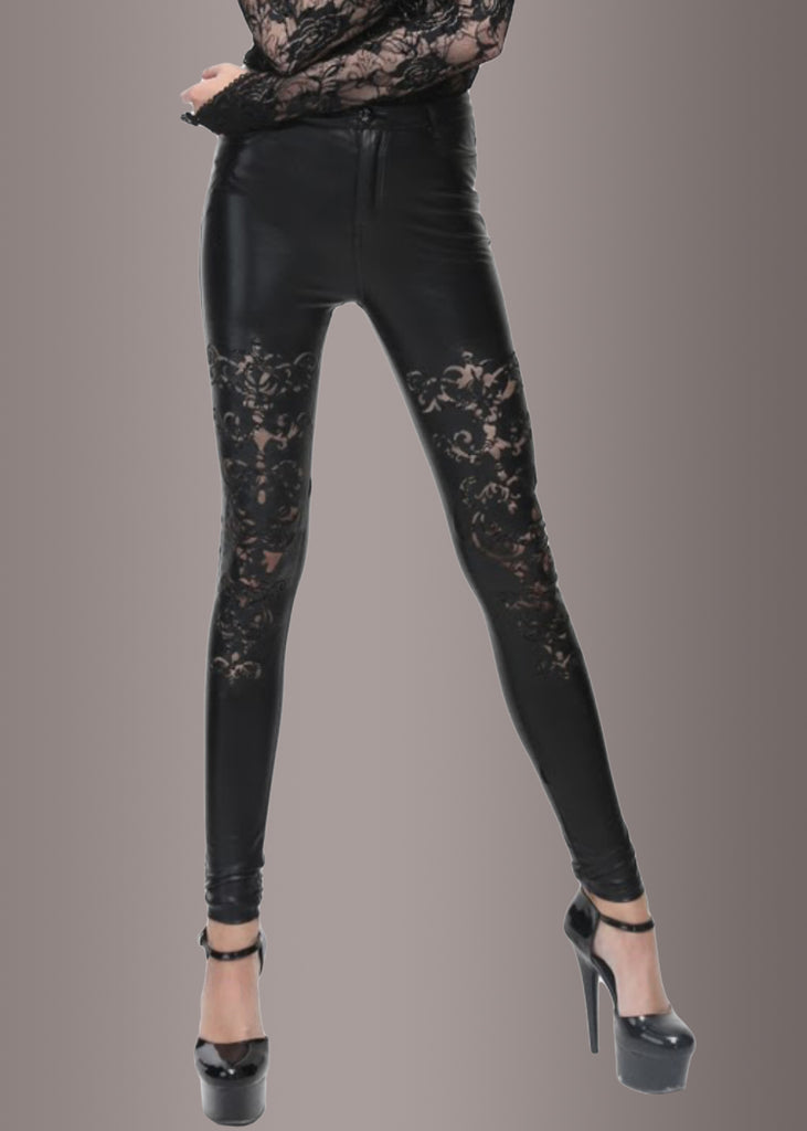 Faux Leather Pants with Cutout Lace Pattern | Lace Leather Leggings ...