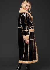 Black Faux Leather Coat Jacket with Faux Fur Trim