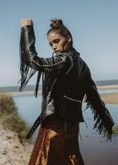leather fringe jacket with studs