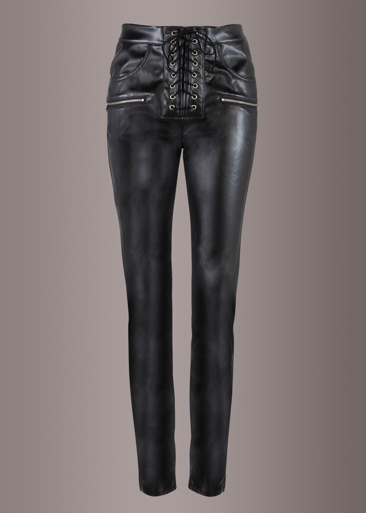 black leather lace up pants