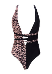 Animal Print Deep V Swimsuit with Tie Belt