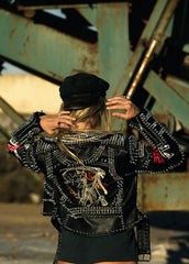 leather jacket with patches and studs