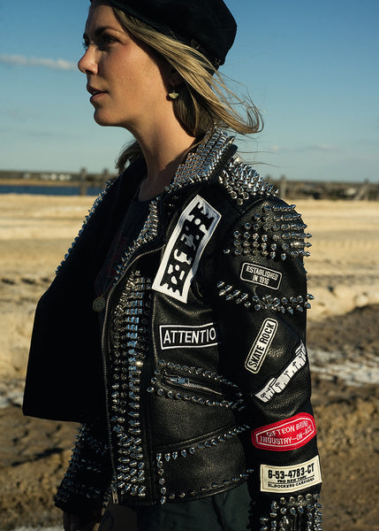patches leather jacket with studs