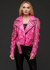 pink moto jacket with studs