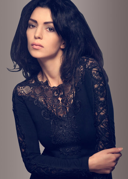 Black lace sweater dress with intricate gothic details and corset sleeve lacing - long sleeve Victorian dress
