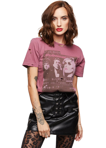 purple distressed blondie shirt