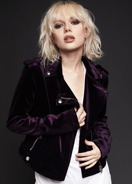 purple velvet biker jacket