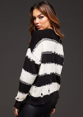 Hold the Line Distressed Sweater with Black and White Stripes