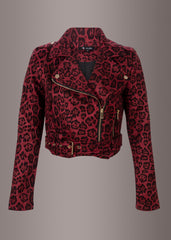 red animal print moto jacket