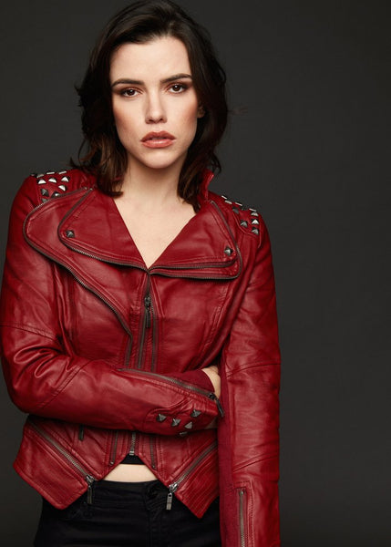 red studded moto jacket