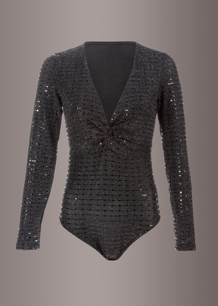 Sequin Long Sleeve Bodysuit, Sequins Sparkle Glitter V Neck Top