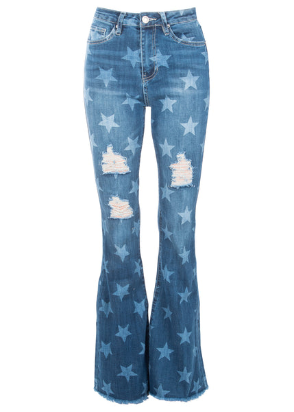 Midnight Sky Star Bell Bottom Pants Ripped Flare Jeans