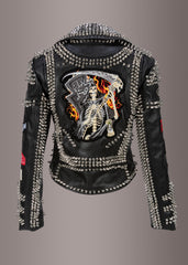 studded leather jacket with patches