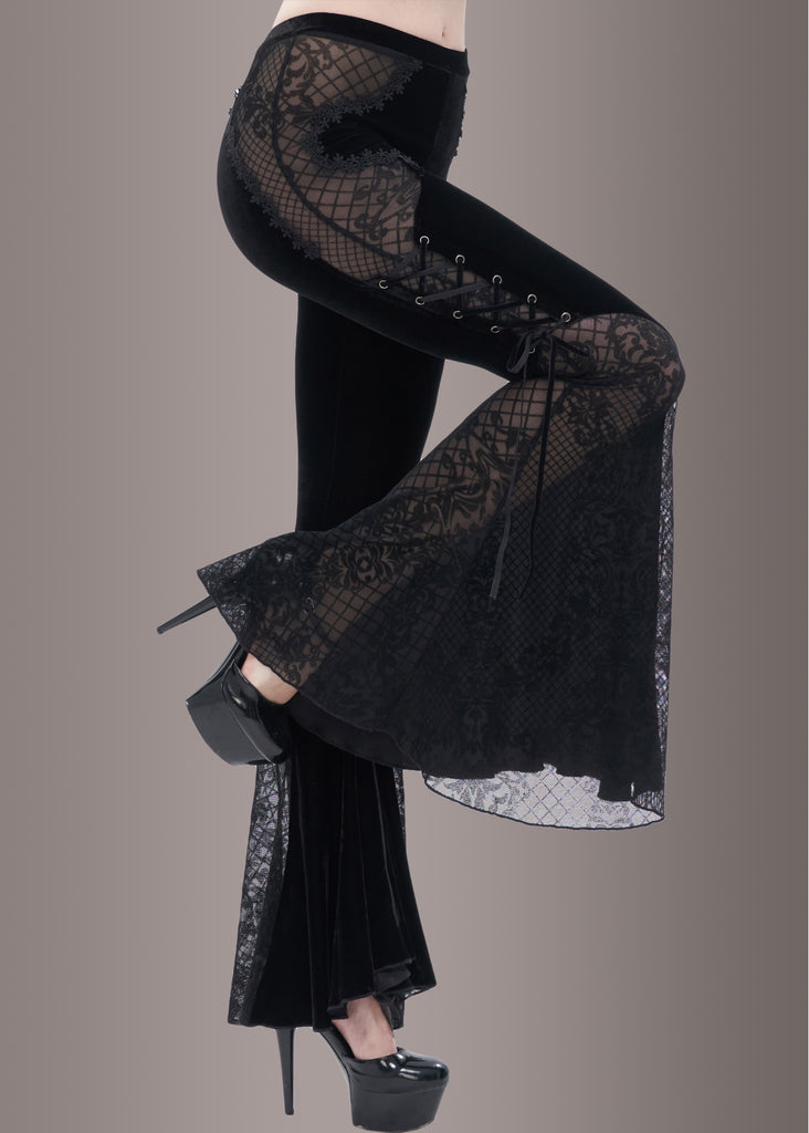 Black Lace Up Bell Bottoms, Goth Flare Pant, Goth Bell Bottoms