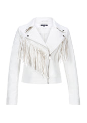 White Faux Leather Moto Jacket with Fringe