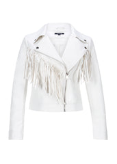 White Faux Leather Moto Jacket with Fringe