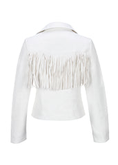 White Faux Leather Moto Jacket with Fringe