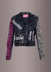 Zebra Print Moto Jacket with Graffiti Design